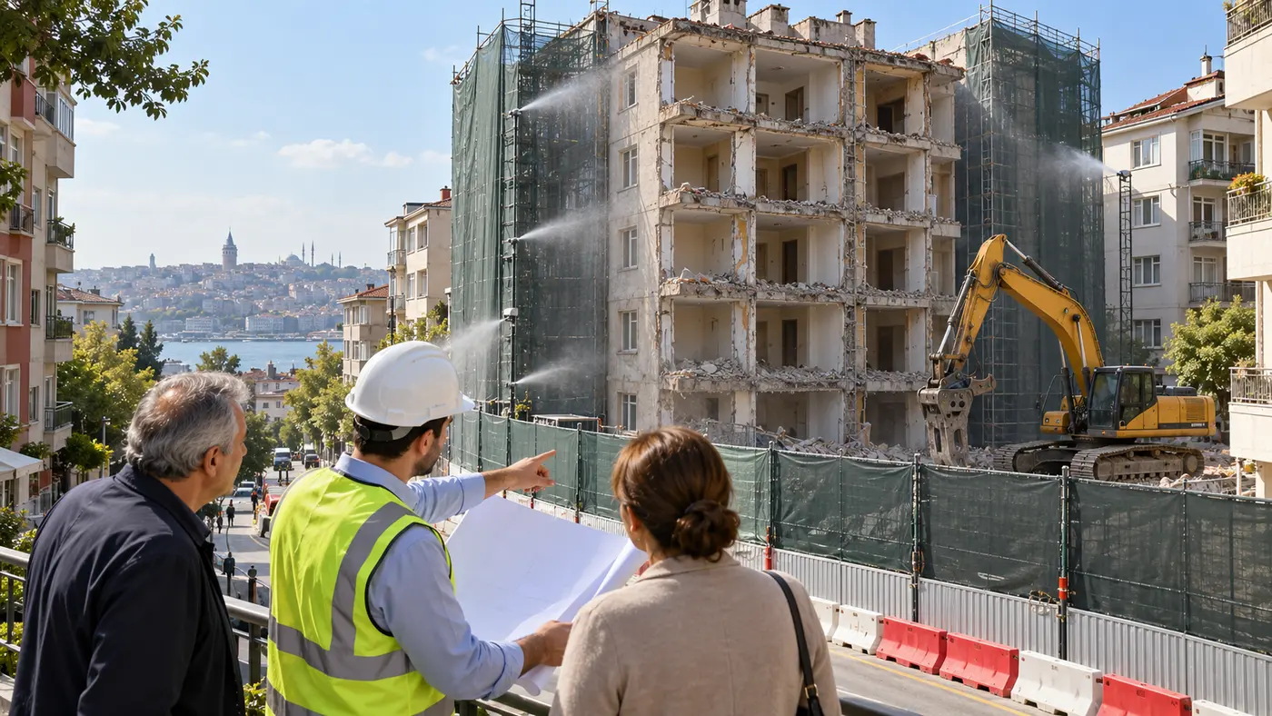 İstanbul’da kontrollü bina yıkımı öncesinde güvenlik planını inceleyen mühendis ve maliklerin temsili görseli