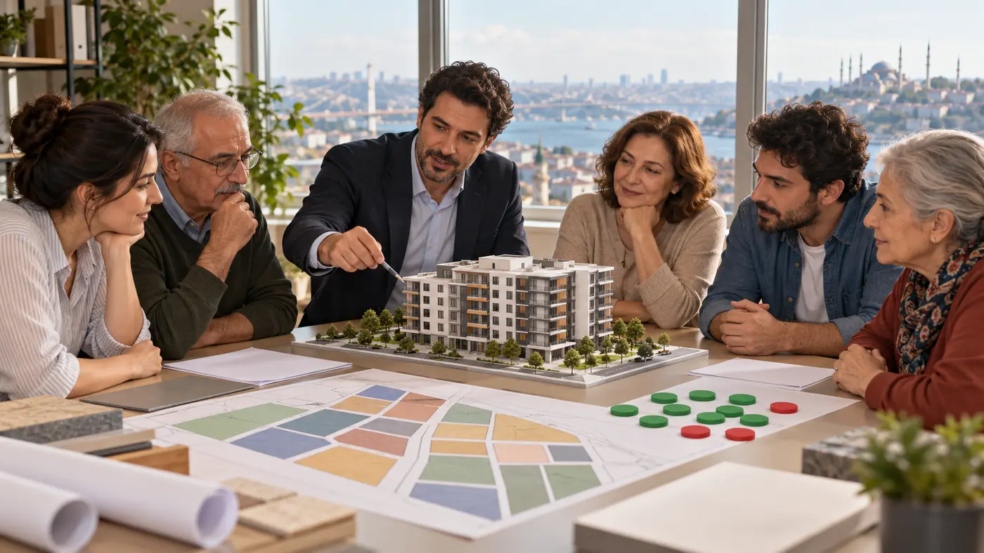 İstanbul’da apartman maliklerinin arsa payına dayalı dönüşüm kararını bir uzmanla değerlendirdiği temsili görsel