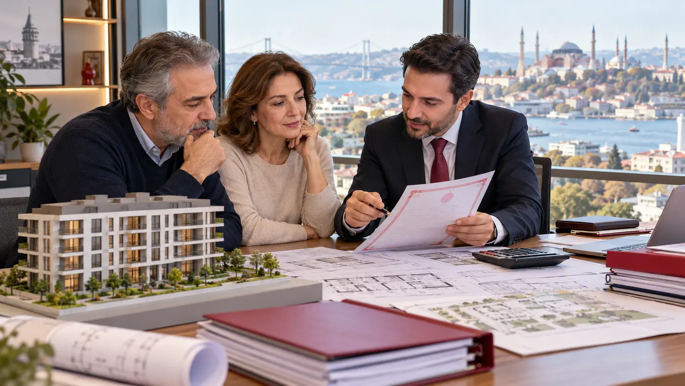 İstanbul’da maliklerin uzmanla tapu belgesi, proje planı, hesap makinesi ve bina maketini incelediği temsili görsel