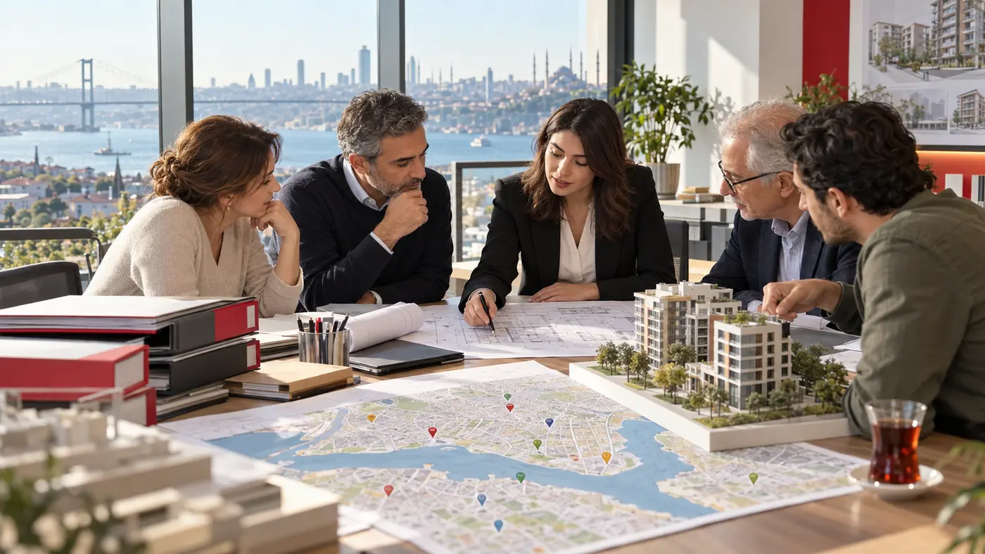 İstanbul’da maliklerin bir uzmanla ilçe haritası, dönüşüm başvuru dosyaları ve bina maketini incelediği temsili görsel