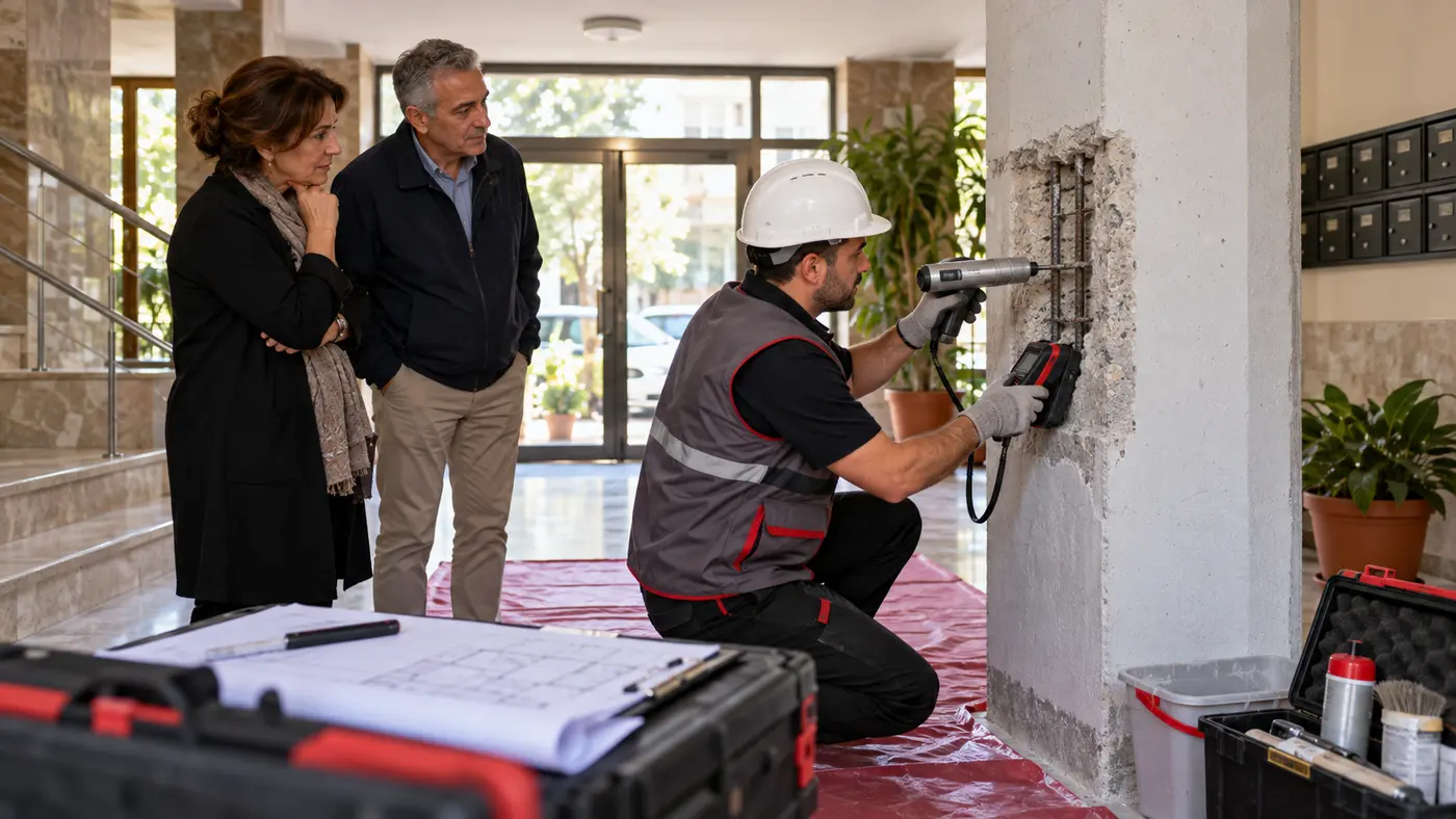 Symbolbild eines Ingenieurs bei der Untersuchung einer Gebäudestütze in Istanbul, beobachtet von Eigentümern